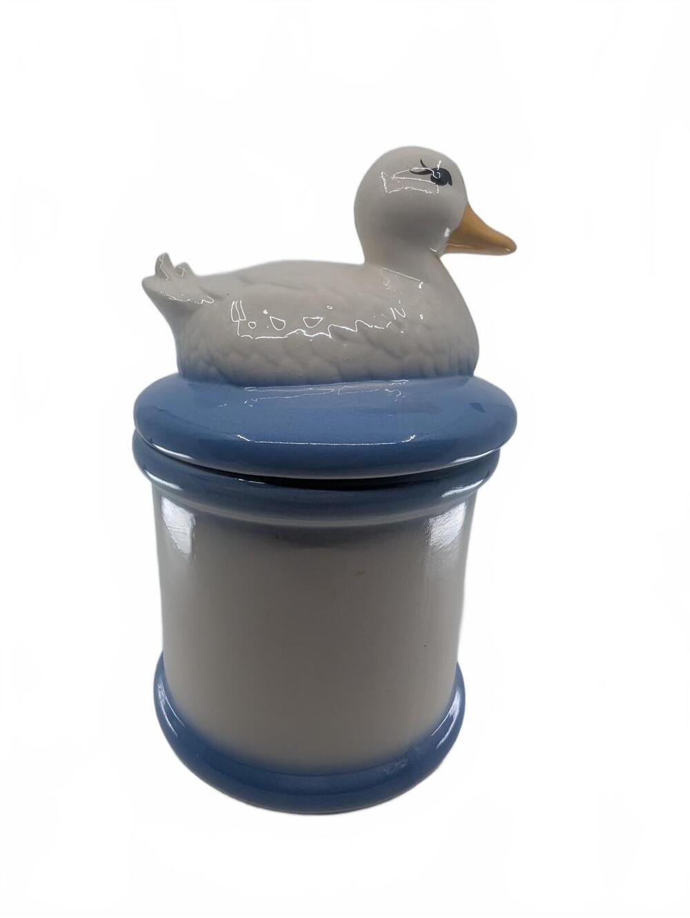 Vintage Large Ceramic Duck Canister Blue Gray Lidded Country Kitchen Decor